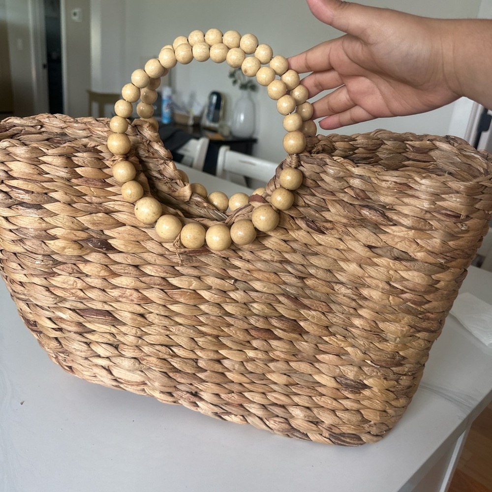 Boho Woven Straw Tote Bag with Beaded Handles